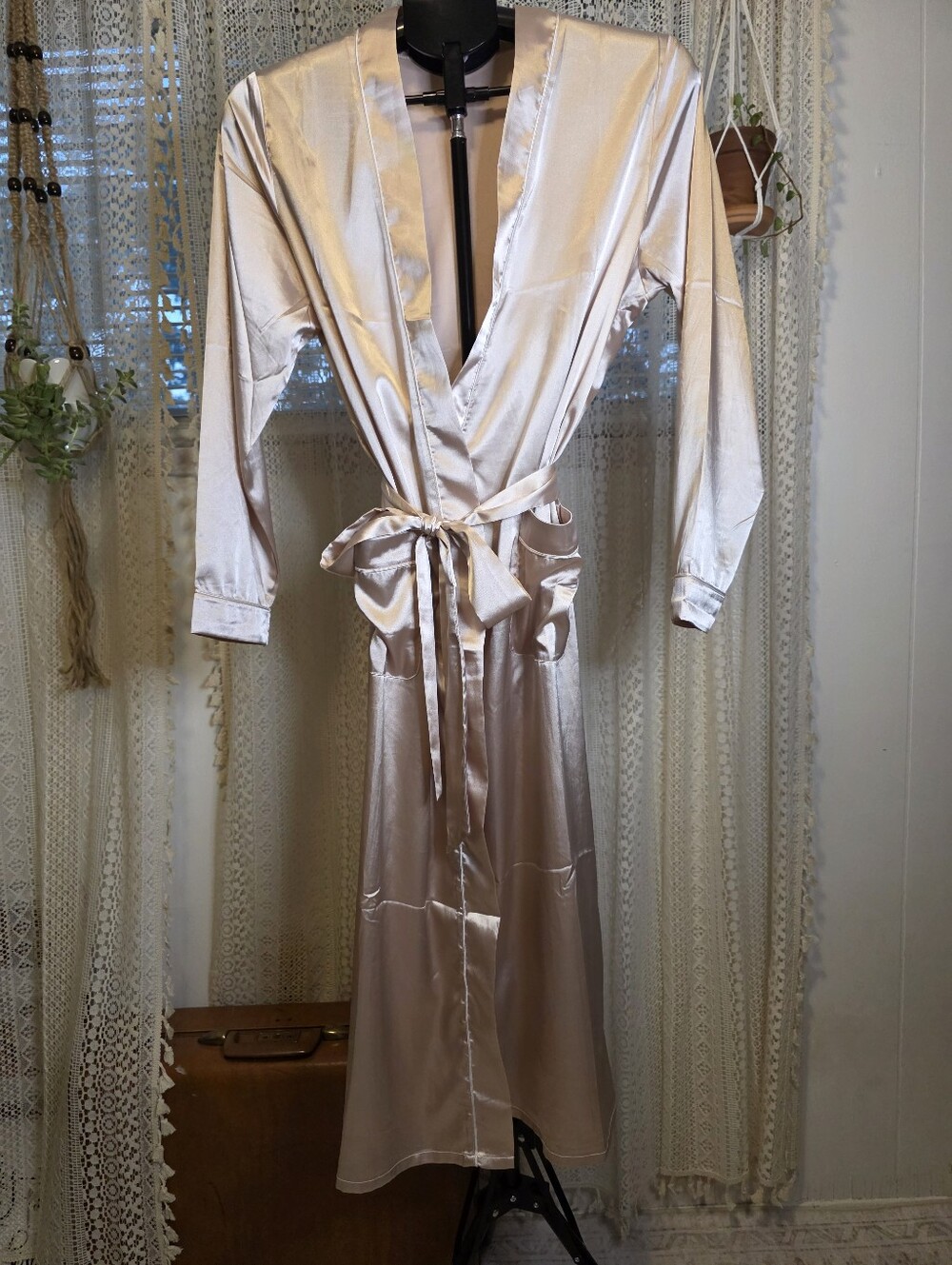 Ekouaer Champagne Satin Long Robe Size S Bridal Loungewear New